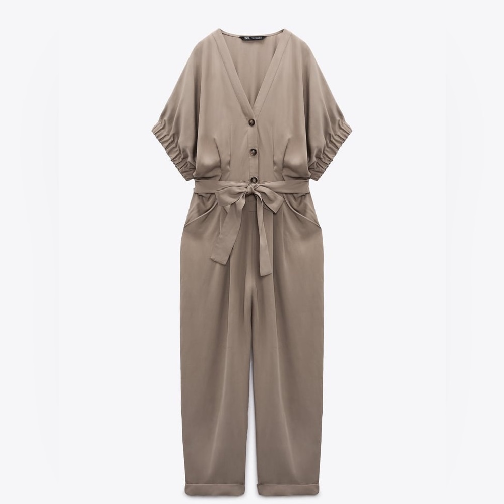 Zara Long Belted Mid-Camel Jumpsuit- Size Small- New with Tags - Picture 7 of 11